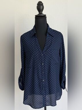 NWT Fortune + Ivy Button Down Navy Blue & White Polka Dot Blouse, Large
